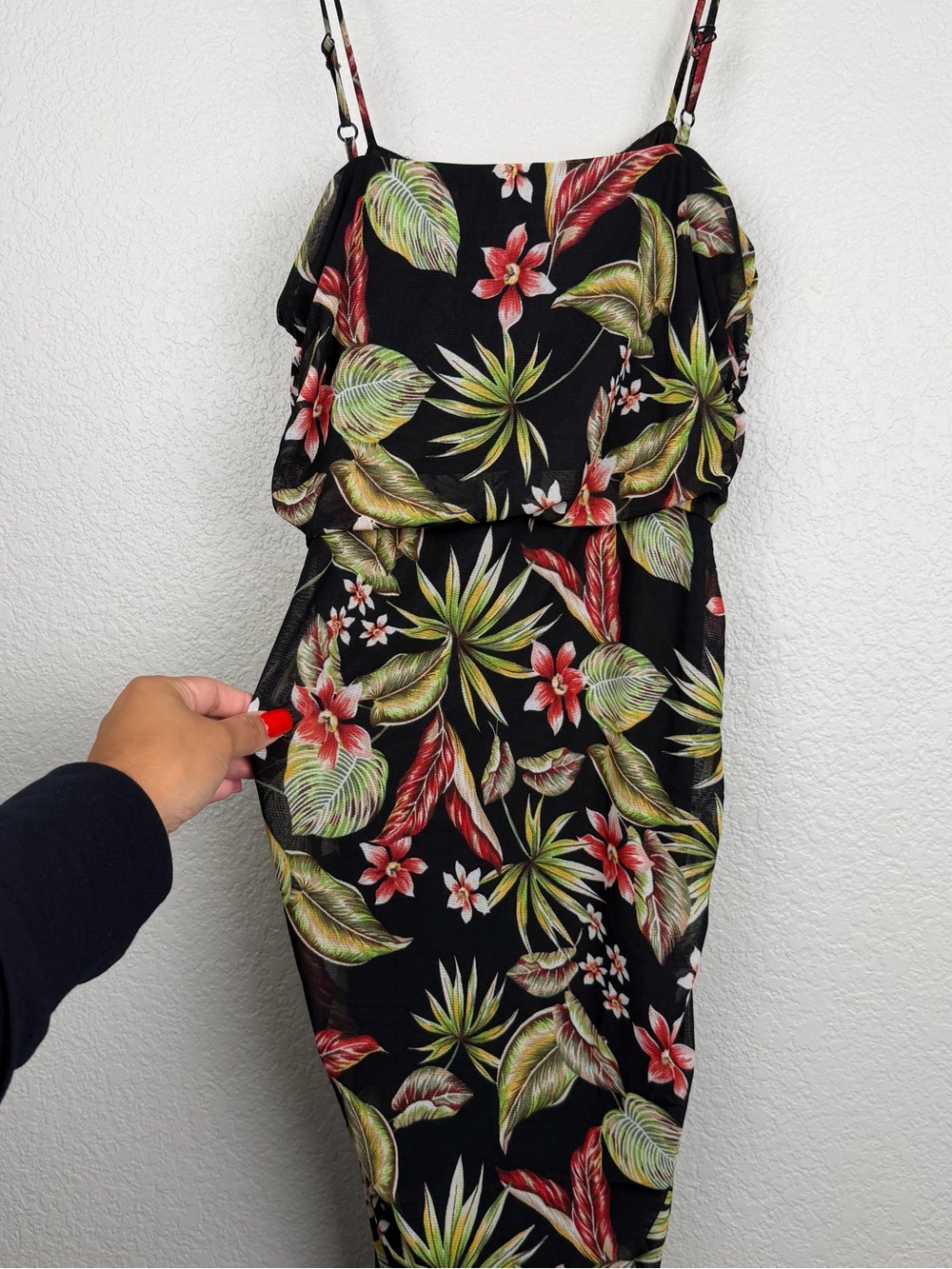Tropical Floral Midi Dress Black Mesh Bodycon Spaghetti Strap Large